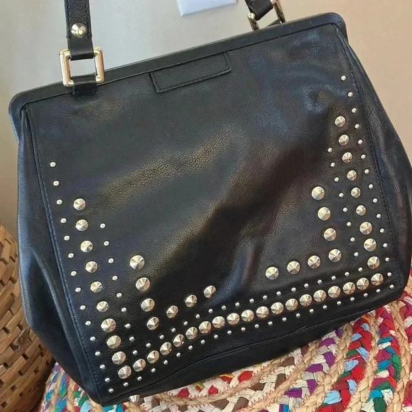 Juicy Couture black  leather electric blue satin lining gold studs bag - Picture 3 of 7